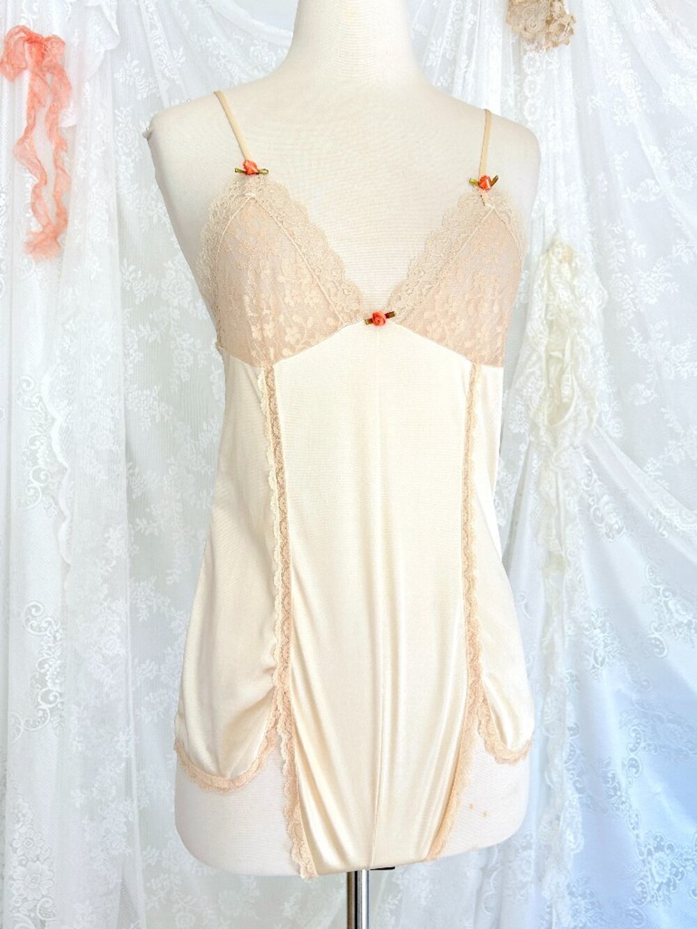 Vintage Cream Lace Teddy Lingerie, Rosette Details, Nylon Bodysuit, Romantic